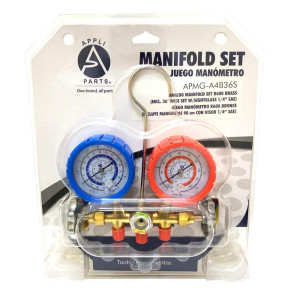 Appli Parts APMG-A4B36S Manometro R600, Escala Dual Presion psi/bar, Escala Dual Temperatura Fahrenheit/Centigrado, Cuerpo de Laton con Visor, Incluye Mangueras 90 cm 1/4 SAE