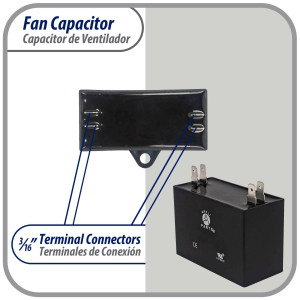 Appli Parts Fan motor Capacitor 1.5 mfd (microfarads) uf 450VAC CBB61 with 4 Terminal connections universal fit for electric fan applications  1-3/8in Width 1/2in Depth 1-1/4in Height CAP-1.5-450