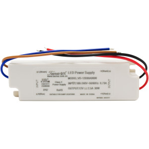 Tauras VD-12030A0690 Ballast Input Voltage 100-240 VAC, Output Power 30W, Output Voltage 12 VDC, IP Rating IP67, Plastic Housing, Certification CE(LVD),UL,Class2,CB, -25 to 40 C
 Tauras VD-12030A0690 Ballast Input Voltage 100-240 VAC, Output Power 30W, Output Voltage 12 VDC, IP Rating IP67, Plastic Housing, Certification CE(LVD),UL,Class2,CB, -25 to 40 C