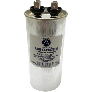 Appli Parts Run Capacitor for ac 50 Mfd uF (microfarads) 370 VAC or 450 VAC CBB65 Round Universal fit for hvac and other applications 4-3/4 in High 2 in Wide CON-50-450