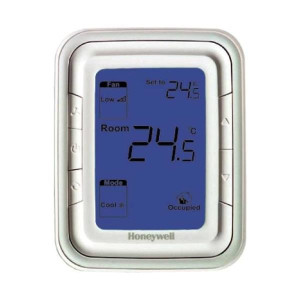 Honeywell T6861V1WB Termostato Fan Coil, Vertical, Blanco, Pantalla Azul, 2/4 Tubos, 115 V