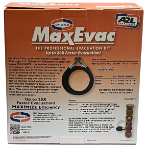 Uniweld Maxevac Pro Kit MEPK14
72 IN. (182cm) 1/2 MaxEvac Hose 3/8 Str. x 1/4 Str. Black
Valve Core Tool Assy. (Side Port)
MaxEvac Hose Bracket Assembly
Y Adapter 3/8 FF x 3/8 MF
MaxEvac Durable Storage Bag