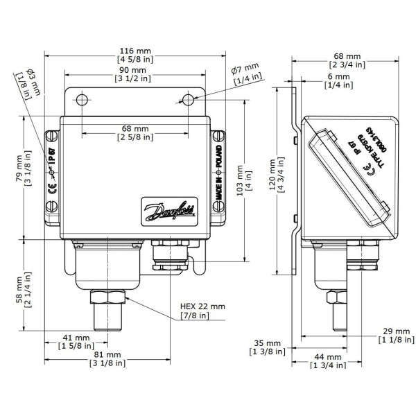 Danfoss 060-310466 Pressure Switch KPS33 Regulation range Pe 0 - 3.5 bar, Differential  0.2 bar , Reset function: Auto, Pressure connection type G, Pressure connection size 1/4, Enclosure rating IP IP67, MWP 10 bar  Danfoss 060-310466 Pressure Switch KPS33 Regulation range Pe 0 - 3.5 bar, Differential  0.2 bar , Reset function: Auto, Pressure connection type G, Pressure connection size 1/4, Enclosure rating IP IP67, MWP 10 bar