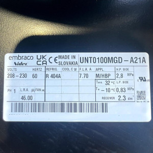 Embraco UNT0100MGD-A21A Condensing Unit 1HP R-404a, 230 V,1 Ph,60 Hz, M-HBP, w/NO Outdoor Cover
