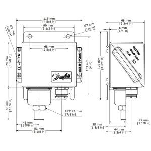 Danfoss 060-310466 Pressure Switch KPS33 Regulation range Pe 0 - 3.5 bar, Differential  0.2 bar , Reset function: Auto, Pressure connection type G, Pressure connection size 1/4, Enclosure rating IP IP67, MWP 10 bar 