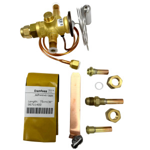 Danfoss 067L6010 7TR Valvula de Expansion Termostatica, TR 6, R410A,R454B,R32, 3/8x3/8 pulg Soldable, ODF, 1/4 pulg Tubo Cap. Flare, Troquel flecha 1-Via, -10 a 15 C