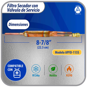 Appli Parts APFD-115S Filtro Secador con conexion 1/4 x 1/4 pulg 15 gramos, con valvula de gusanillo, para uso en sistema de refrigeracion y aire acondicionado