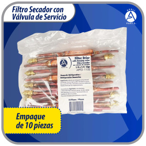 Appli Parts APFD-115S 10 Unidades de Filtro Secador con conexion 1/4 x 1/4 pulg 15 gramos, con valvula de gusanillo, para uso en sistema de refrigeracion y aire acondicionado