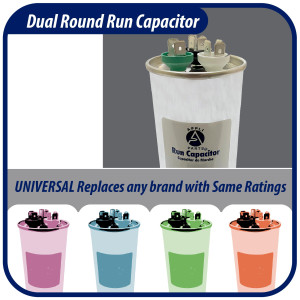 Appli Parts Dual Run Capacitor for ac 40+5 Mfd uF (microfarads) 370 VAC or 450 VAC CBB65 Round Universal fit for hvac and other applications 4-3/4 in High 2 in Wide CON-40/5-450