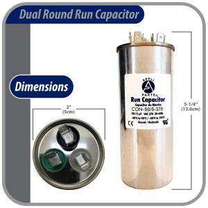 Appli Parts Condensador Capacitor de Marcha 50+5 Mfd uF (microfaradios) 370VAC CBB65 Universal Aire acondicionado y otras aplicaciones Redondo UL E476928 5cm Ancho 13.3cm Alto CON-50/5-370-R