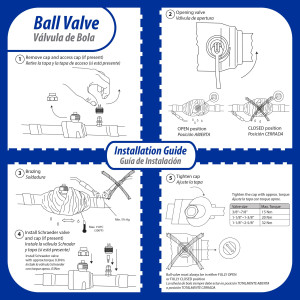 Appli Parts APBV-078 7/8 in Shut Off Ball Valve ODF Universal Replacement 610 psi (4.2 Mpa) max pressure -22 F to 248 F work temperature with 1/4 in SAE service port, with 7-7/8 in overall length