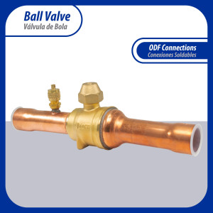 Appli Parts APBV-078 Valvula de Cierre 7/8 in tipo Bola de conexion soldable con puerto de servicio SAE de 1/4 in, presion maxima de trabajo 610 psi temperaturas de -30 C a 120 C longitud total 200mm