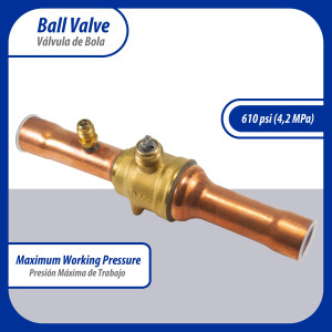 Appli Parts APBV-078 Valvula de Cierre 7/8 in tipo Bola de conexion soldable con puerto de servicio SAE de 1/4 in, presion maxima de trabajo 610 psi temperaturas de -30 C a 120 C longitud total 200mm