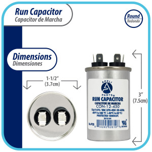 Appli Parts Run Capacitor for ac 12 Mfd uF (microfarads) 370 VAC or 450 VAC CBB65 Round Universal fit for hvac and other applications 3 in High 1-1/2 in Wide CON-12-450