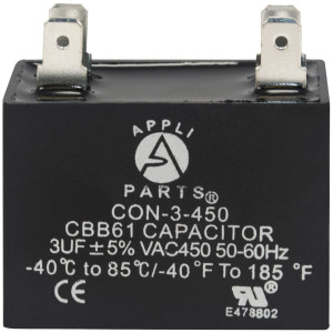 Appli Parts Fan Capacitor 3 mfd (microfarads) uf 450 VAC with 4 Terminal Connections compatible with any brand within the same range of capacitance 1-1/2in Width 3/4in Depth 1-1/2in Height CAP-3-450