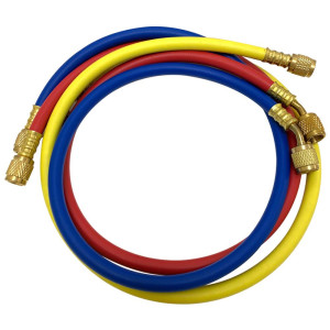 Appli Parts APMG-A1A36S Manometro R410, Escala Dual Presion Kpa/psi, Dual Temperatura Fahrenheit/Centigrado, Cuerpo Aluminio con Mirilla, incluye Mangueras 90cm 5/16 SAE Rojo y Azul, 1/4 SAE Amarillo