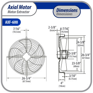 Appli Parts AXF-600 Extractor Axial 600 mm (23-5/8 pulg) 220 V, 1 ph, 60 Hz, 920 W, 1600 rpm, Rango Temperatura -30 C a 60 C, incluye aspa y base tipo jaula