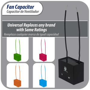 Appli Parts Condensador Capacitor de ventilador 7 mfd (microfaradios) uf 250VAC con 2 cables compatible con cualquier marca de igual capacitancia 4.7cm Ancho 2.2cm Prof 3.4cm Alto CAP-7-250-2C