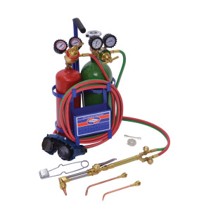Uniweld Juego Soldadura Prof Oxiacetileno KL550-4C-T Incluye Manilla y Punta Soldar / Accesorio y Punta Corte / Regulador Oxygeno y Acetileno / Manguera / Gafas / Encendedor / Llave / Base / Tanque
