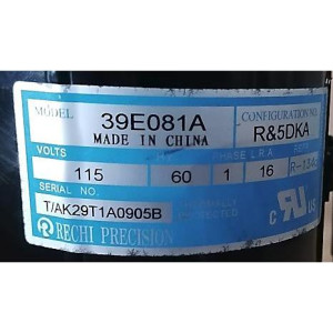 RECHI Compressor fixed speed rotary 3,255Btu/hr 955W 115V/60Hz/1Ph R134A LRA16 201402000400, 11103010001242   
