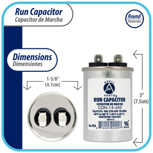 Appli Parts Condensador Capacitor de Marcha 15 Mfd uF (microfaradios) 370VAC o 450VAC CBB65 Universal Aire acondicionado y otras aplicaciones Redondo UL E476928 7.5cm Alto 4.1cm Ancho CON-15-450