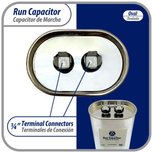 Appli Parts Run Capacitor for ac 10 Mfd uF (microfarads) 370 VAC or 450 VAC CBB65 Oval Universal fit for hvac and other applications 3-1/8in H 1-3/8in W 2-1/8in L  CON-10-450-O