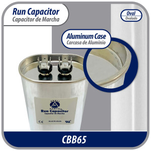 Appli Parts Run Capacitor for ac 10 Mfd uF (microfarads) 370 VAC or 450 VAC CBB65 Oval Universal fit for hvac and other applications 3-1/8in H 1-3/8in W 2-1/8in L  CON-10-450-O