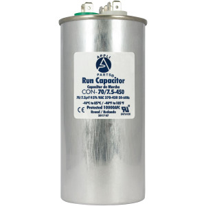 Appli Parts Dual Run Capacitor for ac 70+7.5 Mfd uF (microfarads) 370VAC or 450VAC CBB65 Round Universal fit for hvac and other applications 5-1/4 in High 2-1/4 in Wide CON-70/7.5-450