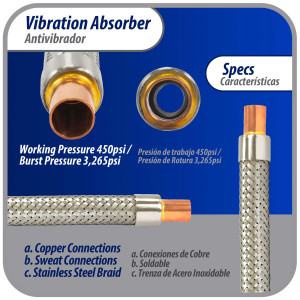 Appli Parts APVE-34 3/4 in Vibration Absorber Eliminator Sweat Connections 10 in Long 450 psi Max working and 3,265 psi Burst pressure