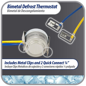 Appli Parts APBT-L55CA Bimetal Termico 2 Cables Abre a 13C y Cierra a 4C, con clip, cables de colores azul y amarillo, Referencia BIM-318 / Termodisco 15pies