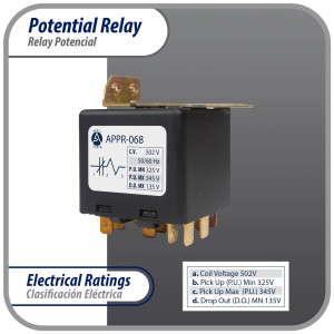 Appli Parts APPR-068 Relay Potencial 068, Voltaje de Bobina 502 V, Recogida Minima 325 V, Recogida Maxima 345 V, Caida Maxima 135 V, 50/60Hz Remplazo universal para refrigeracion y aire acondicionado