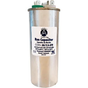 Appli Parts Dual Run Capacitor for ac 50+7.5 Mfd uF (microfarads) 370VAC CBB65 Round Universal fit for hvac and other applications 2 in Wide 5-3/8 in Height CON-50/7.5-370-R 