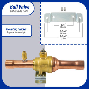 Appli Parts APBV-034 Valvula de Cierre 3/4 in tipo Bola de conexion soldable con puerto de servicio SAE de 1/4 in, presion maxima de trabajo 610 psi temperaturas de -30 C a 120 C longitud total 180mm