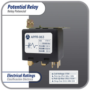 Appli Parts APPR-063 Relay Potencial 063, Voltaje de Bobina 170 V, Recogida Minima 139 V, Recogida Maxima 153 V, Caida Maxima 55 V, 50/60Hz Remplazo universal para refrigeracion y aire acondicionado