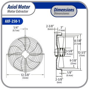 Appli Parts AXF-250-1 Extractor Axial 250 mm (9-7/8 pulg) 110V, 1 ph, 60 Hz, 70 W, 1590 rpm, Rango Temperatura -30 C a 60 C, incluye aspa y base tipo jaula