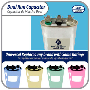 Appli Parts Dual Run Capacitor for ac 45+5 Mfd uF (microfarads) 370VAC CBB65 Oval Universal fit for hvac and other applications 2-3/4in Wide 1-3/4in Depth 4-3/4in High CON-45/5-370