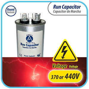 Appli Parts Run Capacitor for ac 12.5 Mfd uF (microfarads) 370 VAC or 450 VAC CBB65 Round Universal fit for hvac and other applications 3 in High 1-1/2 in Wide CON-12.5-450
