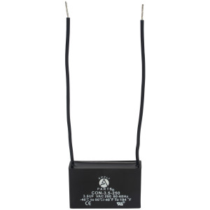 Appli Parts Fan Capacitor 3.5 mfd (microfarads) uf 250 VAC with 2 Wire Terminal Connections compatible with any brand with same capacitance 1-7/8in Width 1/2in Depth 1-1/8in Height CAP-3.5-250-2C