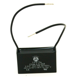Appli Parts Fan Capacitor 3.5 mfd (microfarads) uf 250 VAC with 2 Wire Terminal Connections compatible with any brand with same capacitance 1-7/8in Width 1/2in Depth 1-1/8in Height CAP-3.5-250-2C