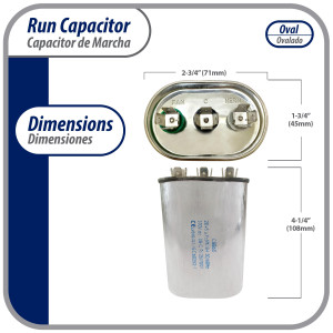 Appli Parts Dual Run Capacitor for ac 20+5 Mfd uF (microfarads) 370VAC CBB65 Oval Universal fit for hvac and other applications  2-3/4 in Wide 1-3/4 in Depth 4-1/4 in Height CON-20/5-370 Appli Parts Dual Run Capacitor for ac 20+5 Mfd uF (microfarads) 370VAC CBB65 Oval Universal fit for hvac and other applications  2-3/4 in Wide 1-3/4 in Depth 4-1/4 in Height CON-20/5-370