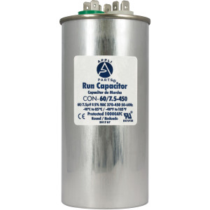 Appli Parts Dual Run Capacitor for ac 60+7.5 Mfd uF (microfarads) 370VAC or 450VAC CBB65 Round Universal fit for hvac and other applications 5-1/4 in High 2-1/4 in Wide CON-60/7.5-450