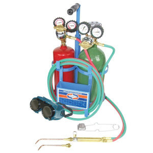 Uniweld Juego Soldadura Profesional K23C-T Incluye Manilla Soldar / Puntas Soldar / Regulador Oxigeno y Acetileno / Mangueras Dobles / Gafas / Encendedor / Llave Tanque / Base / Tanques 