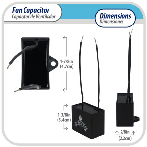 Appli Parts Condensador Capacitor de ventilador 8 mfd (microfaradios) uf 250VAC con 2 cables compatible con cualquier marca de igual capacitancia 4.7cm Ancho 2.2cm Prof 3.4cm Alto CAP-8-250-2C