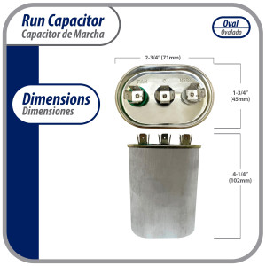 Appli Parts Dual Run Capacitor for ac 40+5 Mfd uF (microfarads) 370VAC CBB65 Oval Universal fit for hvac and other applications 2-3/4in Wide 1-3/4in Depth 4-1/4in High CON-40/5-370