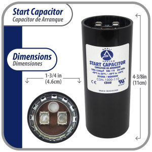 Appli Parts CON-1000-110 Capacitor de Arranque 1000-1200 MFD (microfaradios) uF, 110-125 VAC. Universal para Motores Electricos, condensador de arranque de 4.6 cm de Diametro, 11 cm de Alto