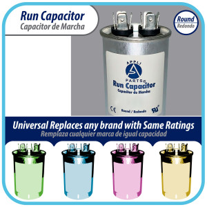 Appli Parts Condensador Capacitor de Marcha 25 Mfd uF (microfaradios) 370VAC o 450VAC CBB65 Universal Aire acondicionado y otras aplicaciones Redondo UL E476928 cm Alto cm Ancho CON-25-450