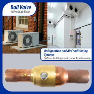 Appli Parts APBV-218 Valvula de Cierre 2-1/8 pulg tipo Bola de conexion soldable con puerto de servicio SAE de 1/4 de pulg presion maxima de trabajo 610 psi temperaturas de -30 C a 120 C longitud total 322 mm