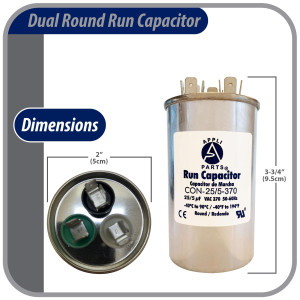 Appli Parts Condensador Capacitor de Marcha 25+5 Mfd uF (microfaradios) 370VAC CBB65 Universal Aire acondicionado y otras aplicaciones Redondo UL E476928 5cm Ancho 9cm Alto CON-25/5-370