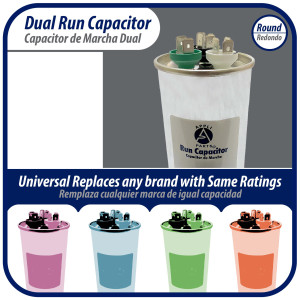 Appli Parts Dual Run Capacitor for ac 65+5 Mfd uF (microfarads) 370VAC or 450VAC CBB65 Round Universal fit for hvac and other applications 5-1/8 in High 2-1/4 in Wide CON-65/5-450