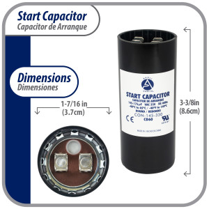 Appli Parts motor start capacitor 145-175 Mfd (microfarads) uF 330 VAC universal fit for electric motor applications 1-7/16 in Wide 3-3/8 in Height CON-145-330

